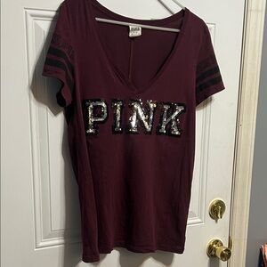 PINK Victoria's Secret Burgundy Sequin Logo Tee